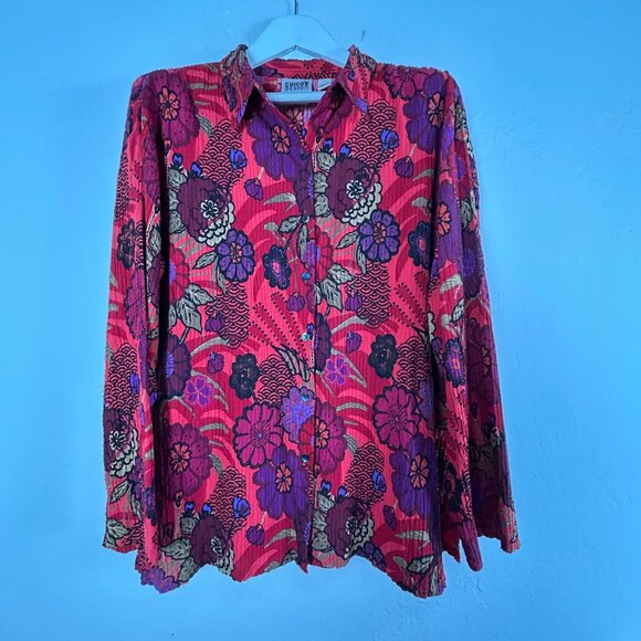 Chico's Design Womens Floral Textured Button-Down Shirt Size 3 Silk Blend Red - Picture 1 of 7